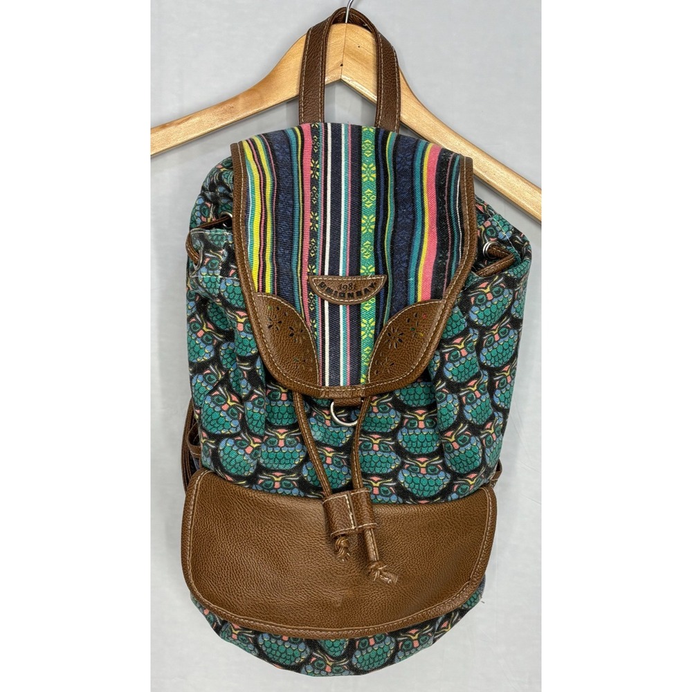 Unionbay Canvas Backpack‎ Owl Print Boho Striped Flap Faux Leather Trim Rucksack